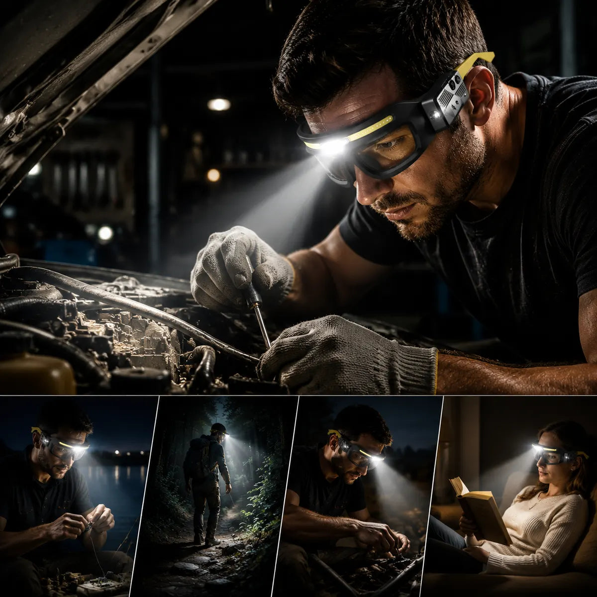 Hands-free LED glasses light used during late-night repair work