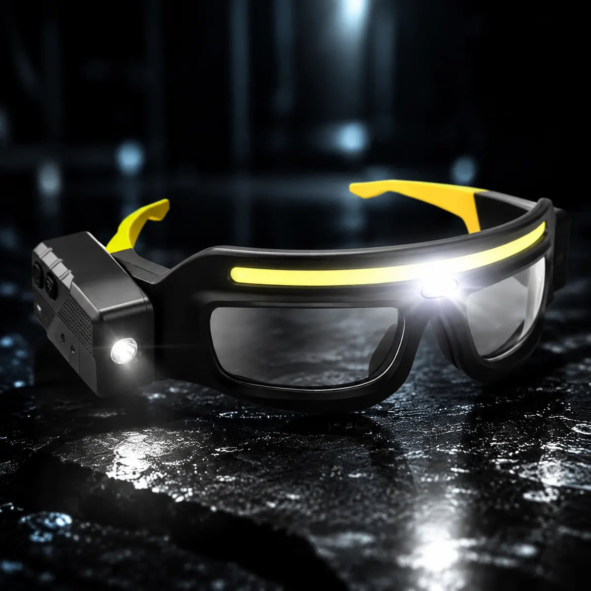 AURAIVO glasses light product close-up with illuminated COB front beam