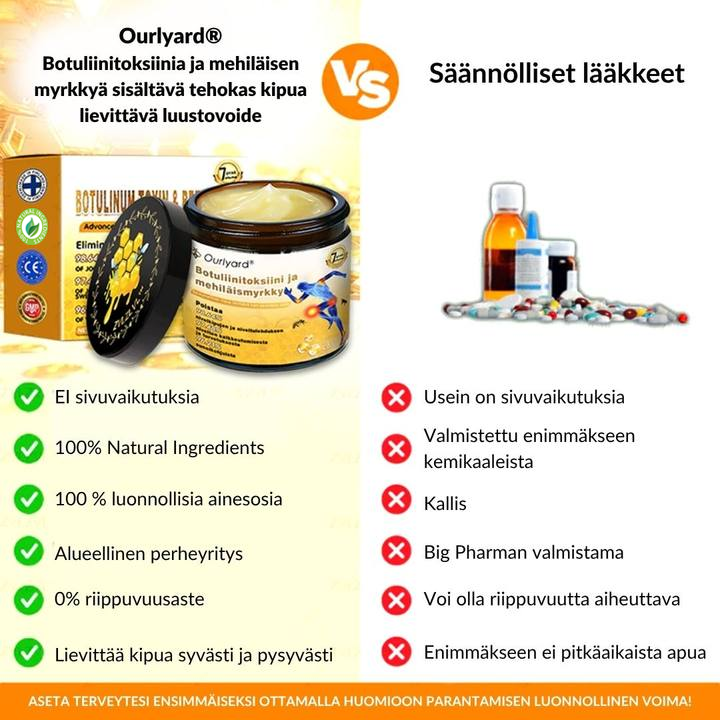 ⚡📢Ourlyard® Botuliinitoksiini ja Mehiläismyrkky Kipua Lievittävä ja Luita Parantava Kaksivaikutteinen Rauhoittava Voide