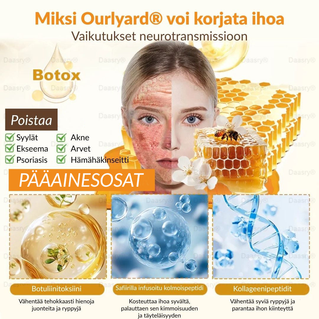 Ourlyard® Botox Mehiläismyrkky Ihon Uudistusvoide – Ikääntymisen merkkien vähentäjä, Kosteuttava, Ihoa kiinteyttävä ja kohottava, Ihon korjaava, Tasaisen sävyn edistäjä, Aknen ja tummien läiskien hoito, Syylien ja luomien poisto sekä Psoriaasin lievitys.