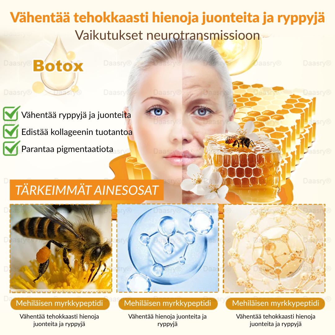Ourlyard® Botox Mehiläismyrkky Ihon Uudistusvoide – Ikääntymisen merkkien vähentäjä, Kosteuttava, Ihoa kiinteyttävä ja kohottava, Ihon korjaava, Tasaisen sävyn edistäjä, Aknen ja tummien läiskien hoito, Syylien ja luomien poisto sekä Psoriaasin lievitys.