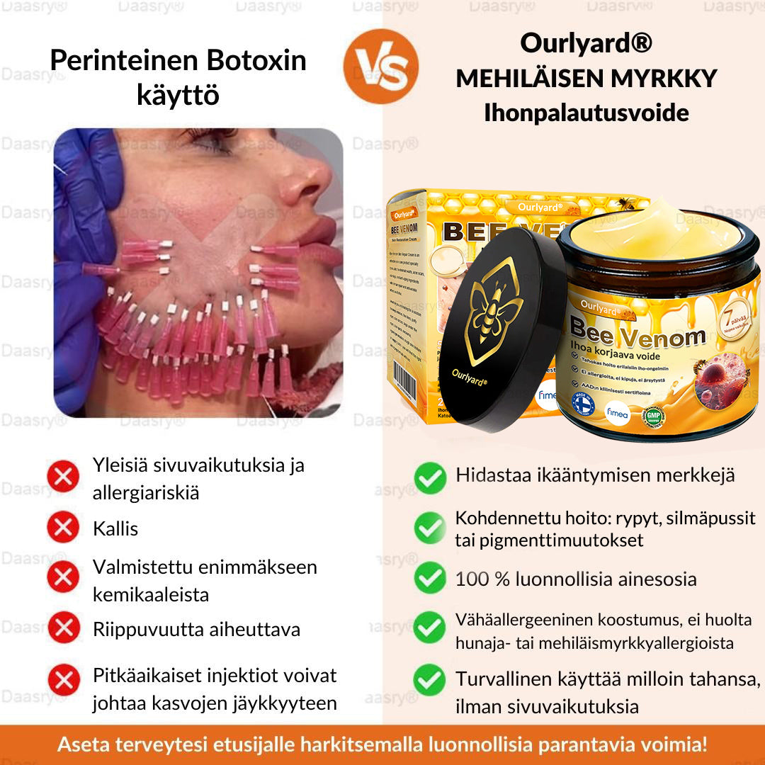 Ourlyard® Botox Mehiläismyrkky Ihon Uudistusvoide – Ikääntymisen merkkien vähentäjä, Kosteuttava, Ihoa kiinteyttävä ja kohottava, Ihon korjaava, Tasaisen sävyn edistäjä, Aknen ja tummien läiskien hoito, Syylien ja luomien poisto sekä Psoriaasin lievitys.