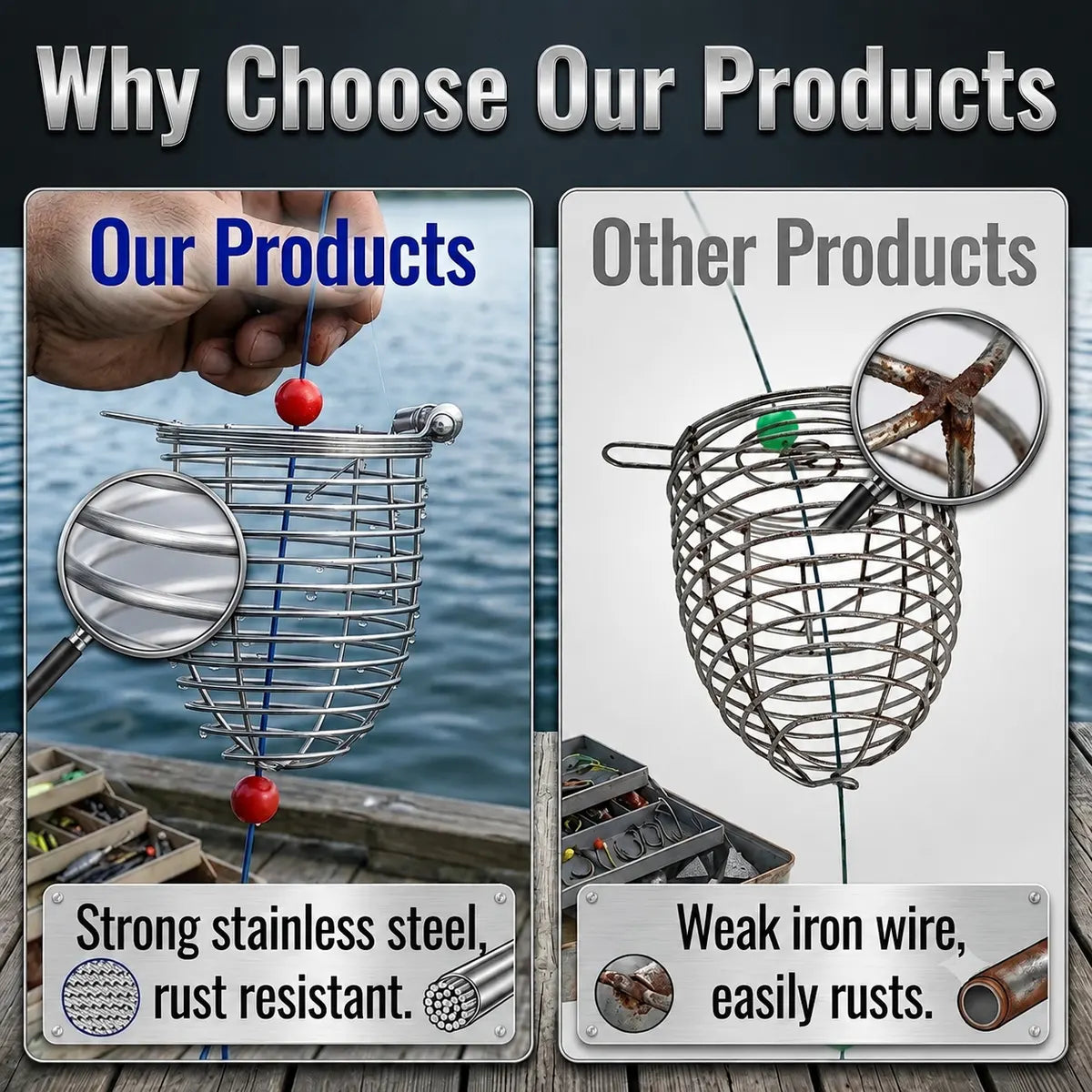 stainless steel fishing bait cage compared with weak iron wire feeder