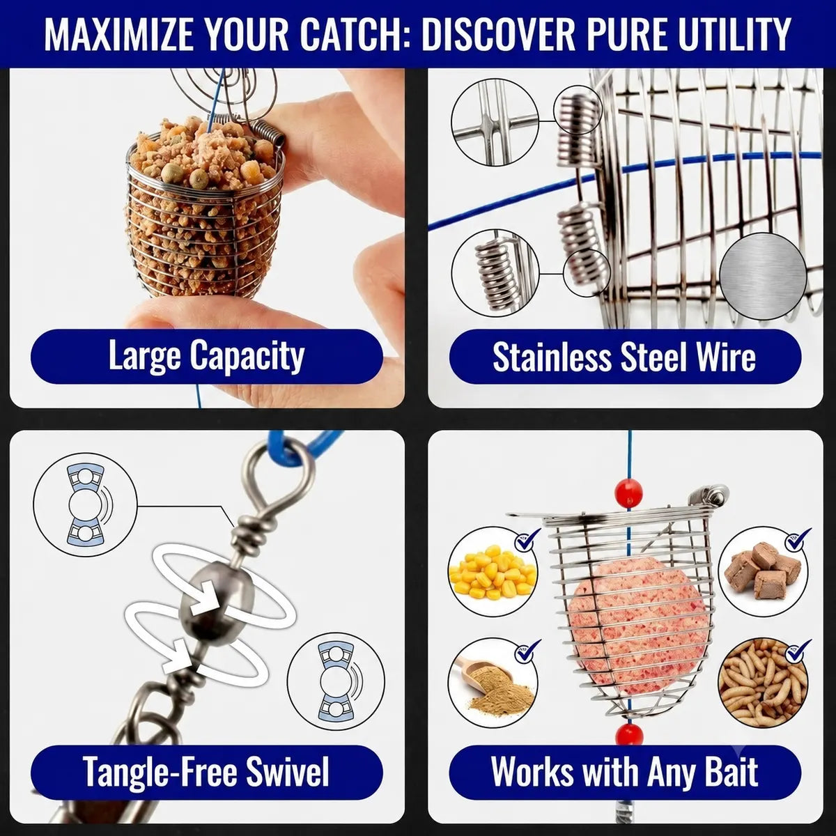 fishing bait cage feeder feature details showing capacity stainless steel swivel and bait compatibility