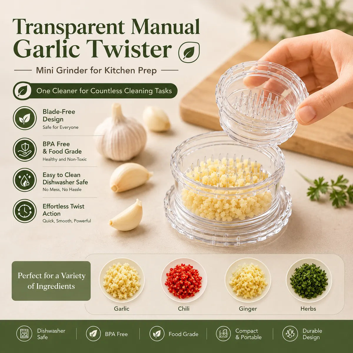 Transparent Manual Garlic Twister Mini Grinder for Kitchen Prep