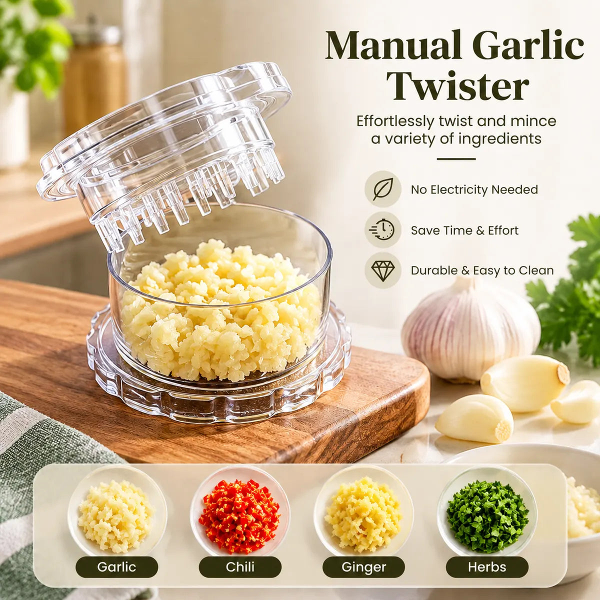 Transparent Manual Garlic Twister Mini Grinder for Kitchen Prep