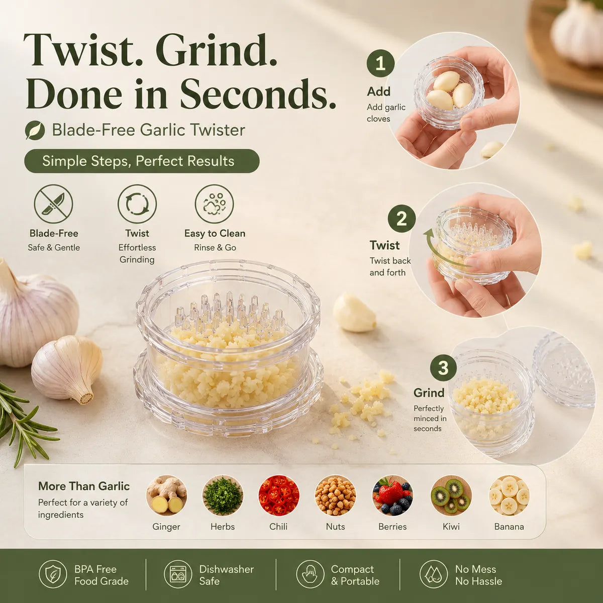 Transparent Manual Garlic Twister Mini Grinder for Kitchen Prep