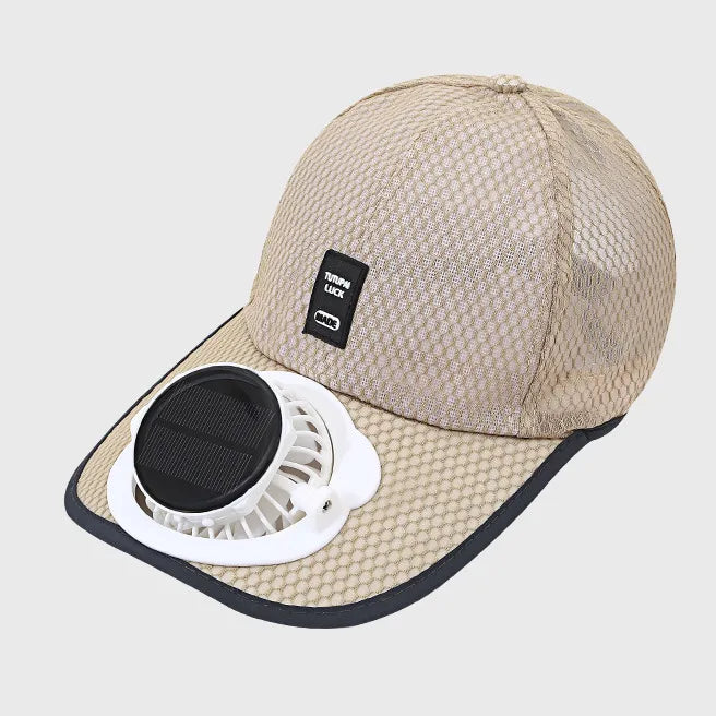 Beige Solar Fan Cap with built-in fan and solar panel