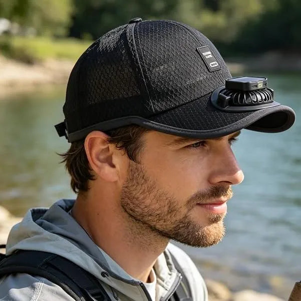 Man wearing a black Solar Fan Cap outdoors by the water